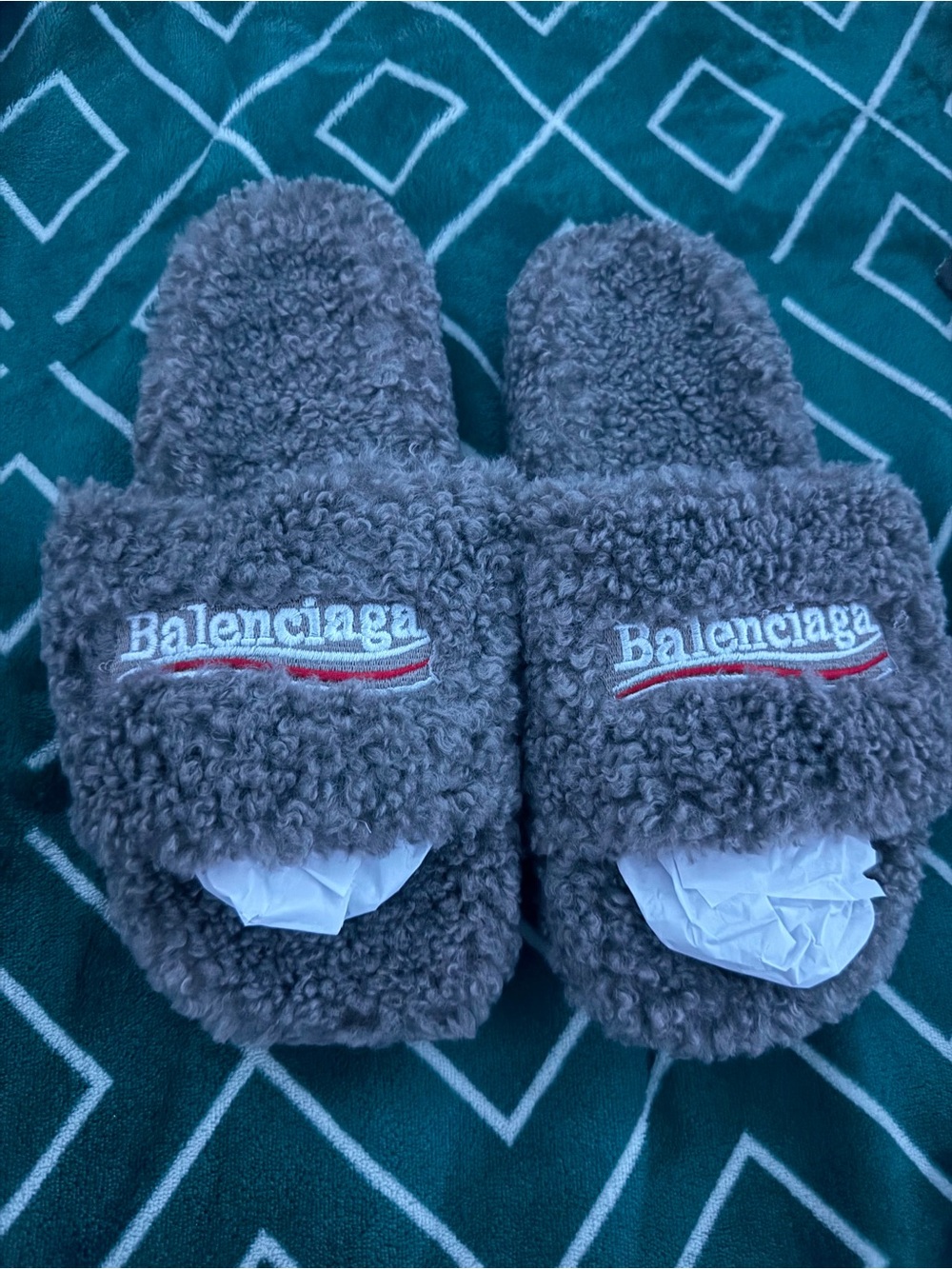 Balenciaga Gray Fuzzy Logo Slide Slippers
